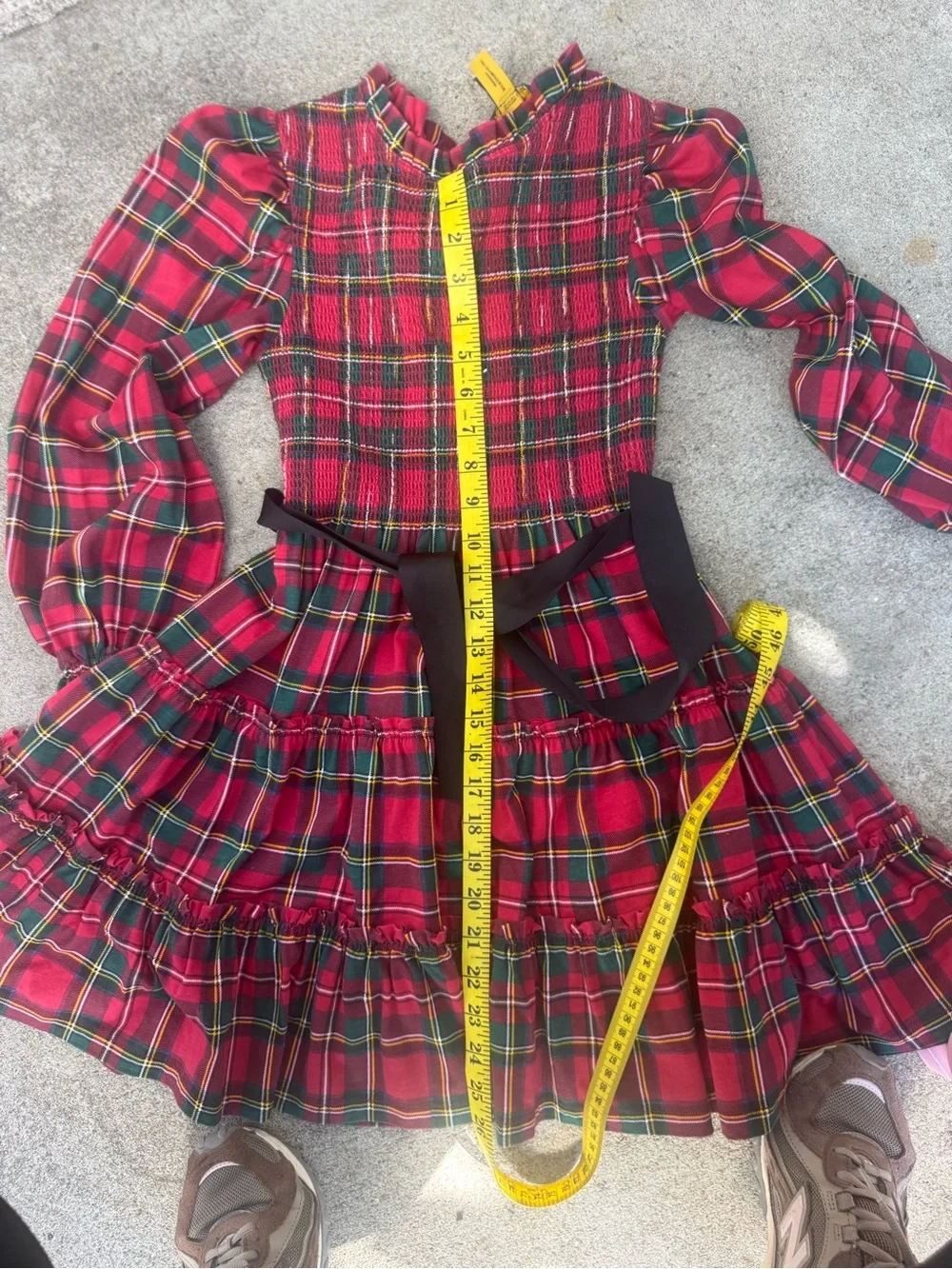 Ralph Lauren Red Green Plaid Smocked Dress with Black Waist Bow
